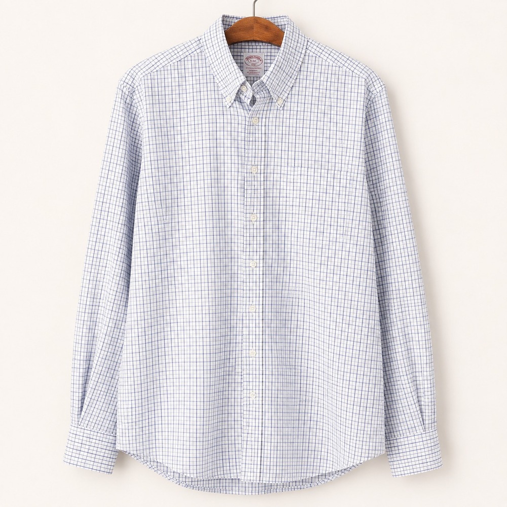 Brooks Brothers Shirt Mens Neck 16 (L) Cotton Blue Plaid Non Iron Office Preppy